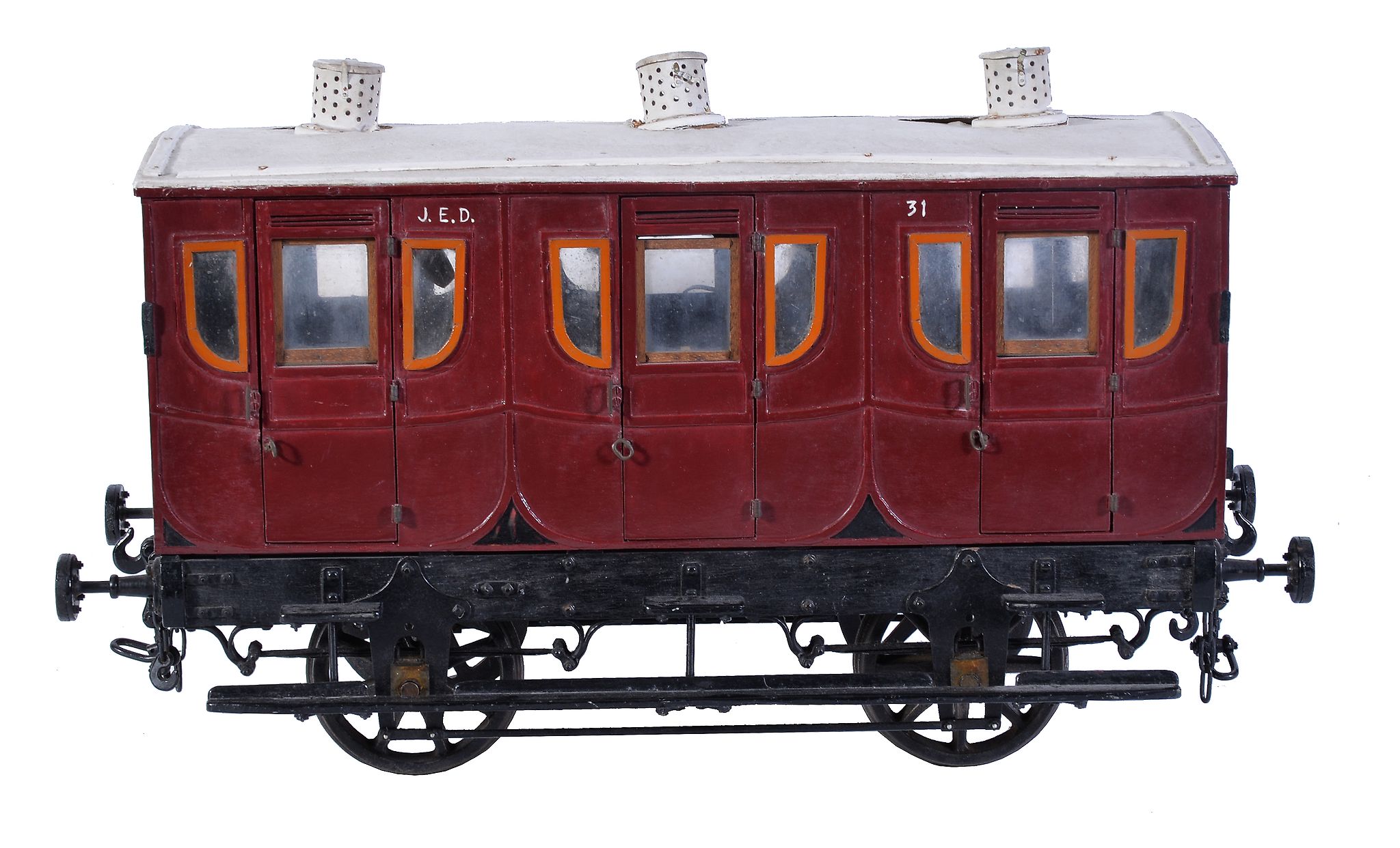 A rare model of a 19th century 4 Â¾ inch gauge railway coach, with original fitted interior having