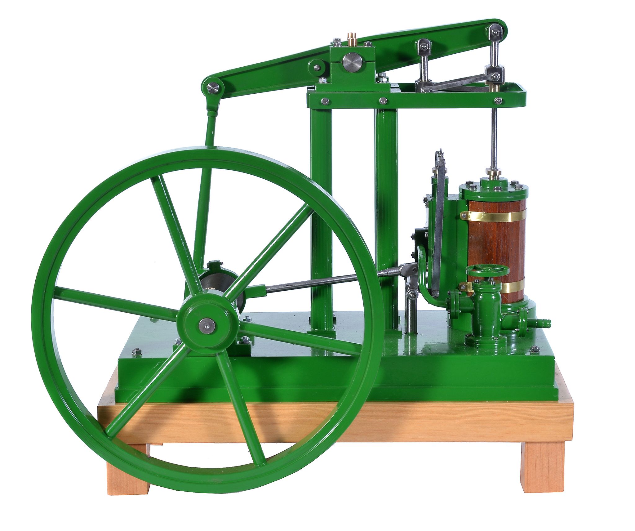A freelance model of a live steam beam engine, built by Mr D Russell of Frazerburgh. The beam