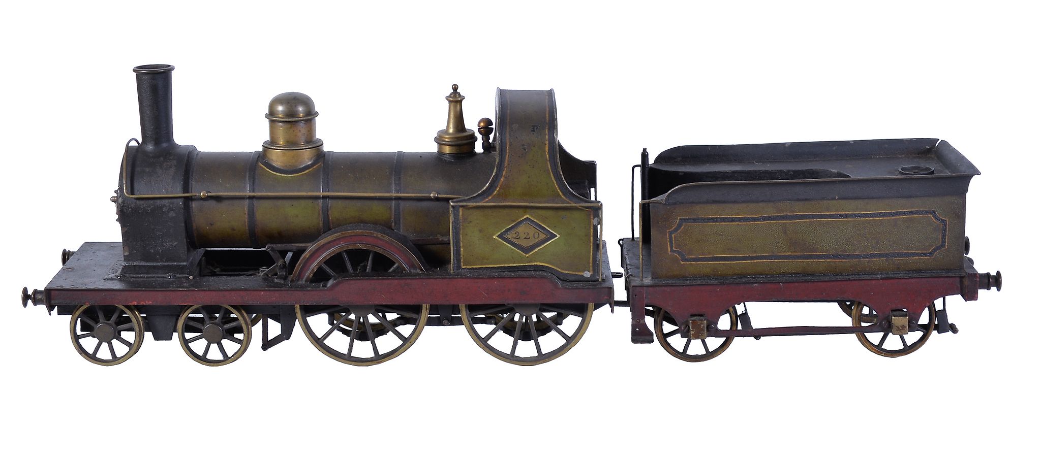 A rare 3 Â½ inch gauge historic model of a live steam 4-4-0 tender locomotive No 222, the multi-
