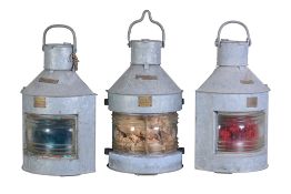 Three galvanise finished ships lamps, Port, Starboard and Masthead.