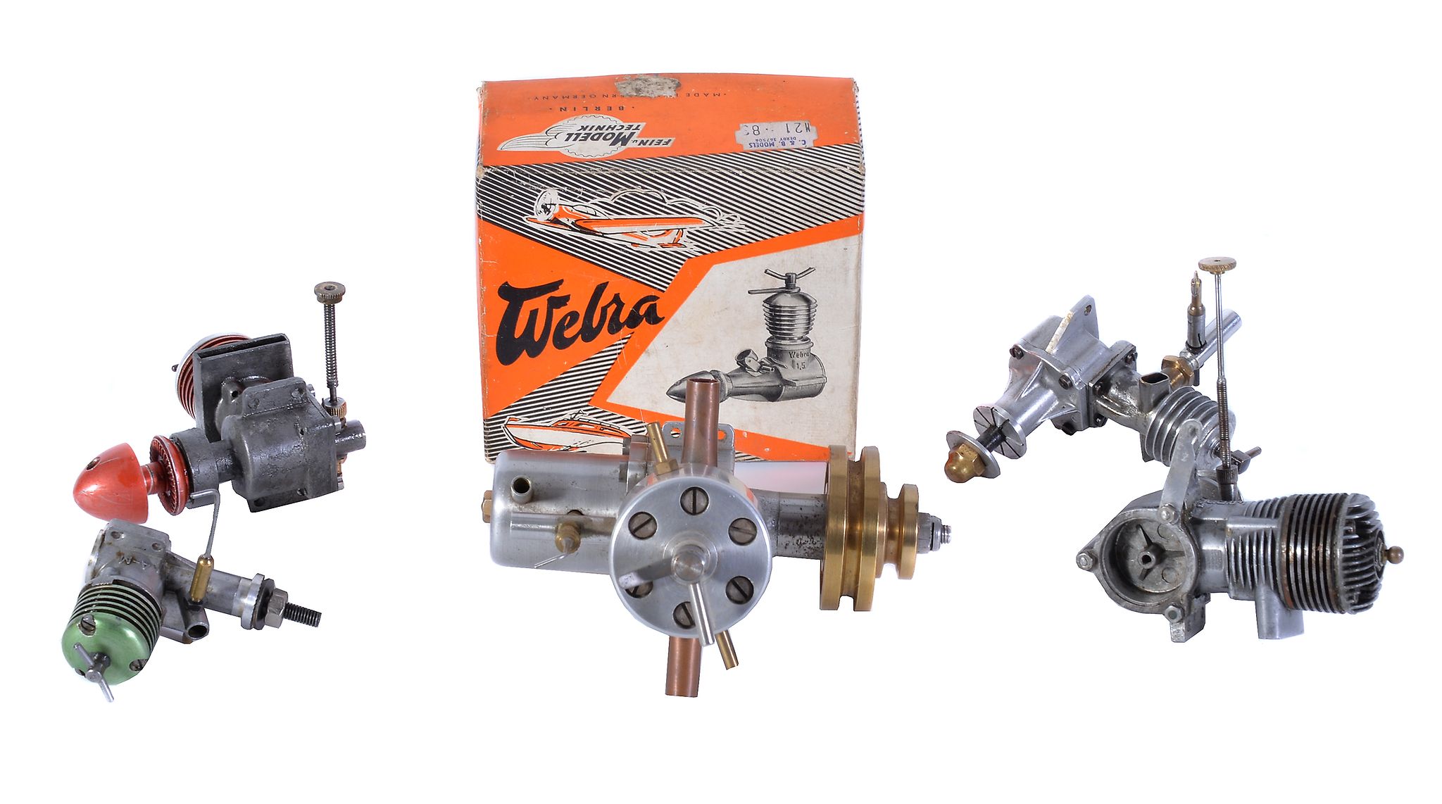 A collection of six model aircraft engines, to include a scratch built diesel 4cc water cooled