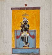 Krishna with Flute standing in an intricately designed doorway, miniature drawing on card [