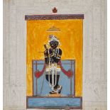 Krishna with Flute standing in an intricately designed doorway, miniature drawing on card [