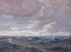 Julius Olsson (British 1864 - 1942) Schooner in turbulent seas. Oil on canvas.