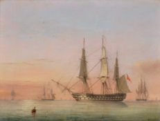 Attributed to Nicholas Condy (British 1793-1857)A Man-O-War ship in calm waters.