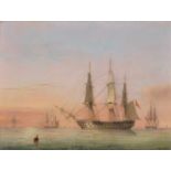 Attributed to Nicholas Condy (British 1793-1857)A Man-O-War ship in calm waters.