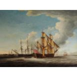 John Cleveley the Elder (1712-1777)Two 32-gun Frigates receiving their Captains. Oil on canvas