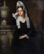 Circle of Sir Godfrey Kneller (British 1646 - 1723) Portrait of lady standing beside a funerary