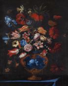 Follower of Guiseppe Recco. Still life of flowers including poppies, anenomes and irises in a blue