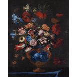 Follower of Guiseppe Recco. Still life of flowers including poppies, anenomes and irises in a blue