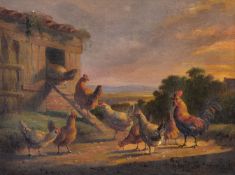 Albertus Verhoesen (Dutch 1806 - 1881) Chickens with a peacock; Chickens going to roost