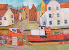 λ John Bellany (British 1942 - 2013) Red Trawler Harbour Oil