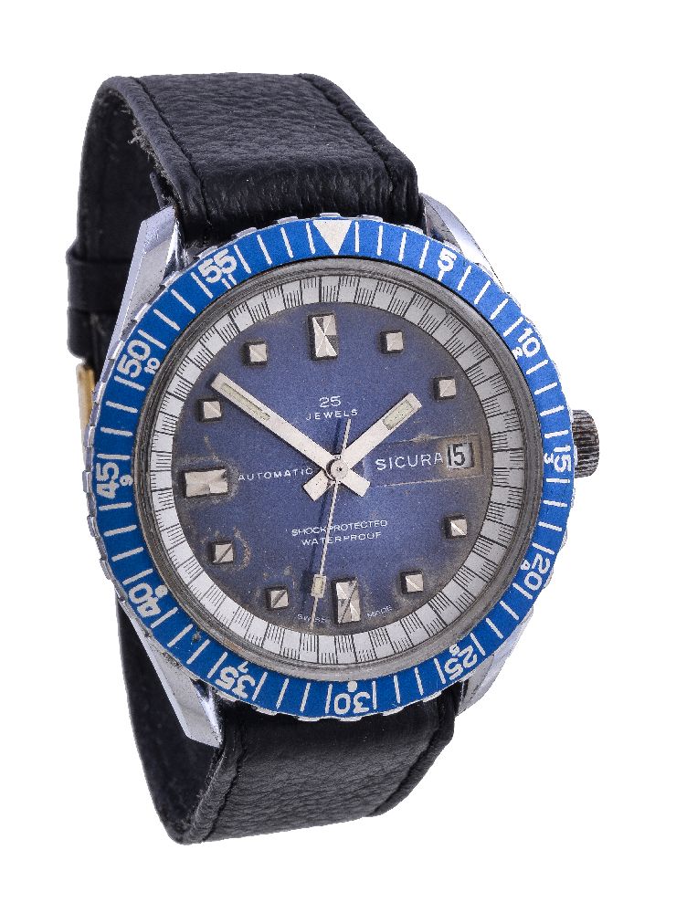 Sicura, a stainless steel wristwatch, circa 1970, automatic movement, 25 jewels, cal. BF 158, blue