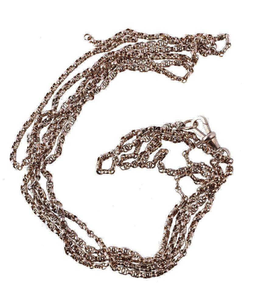 An early 20th century fancy link long chain, the pierced panels with faceted belcher links