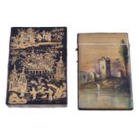 Y An early Victorian English rectangular card case imitating Chinese lacquer ware, circa 1840,