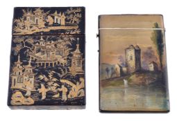 Y An early Victorian English rectangular card case imitating Chinese lacquer ware, circa 1840,