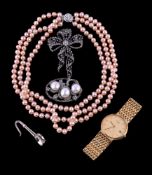 A cultured pearl and marcasite brooch/pendant, of foliate design set with three cultured pearls