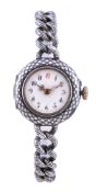 A lady's niello work bracelet wristwatch, no. 74765, manual wind movement, white dial, Arabic