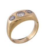 A three stone diamond ring, the graduated brilliant cut diamonds in rubover settings,