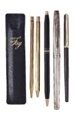 A silver coloured rollerball pen, with striated decoration, the cap with clip; Cross, a matt black