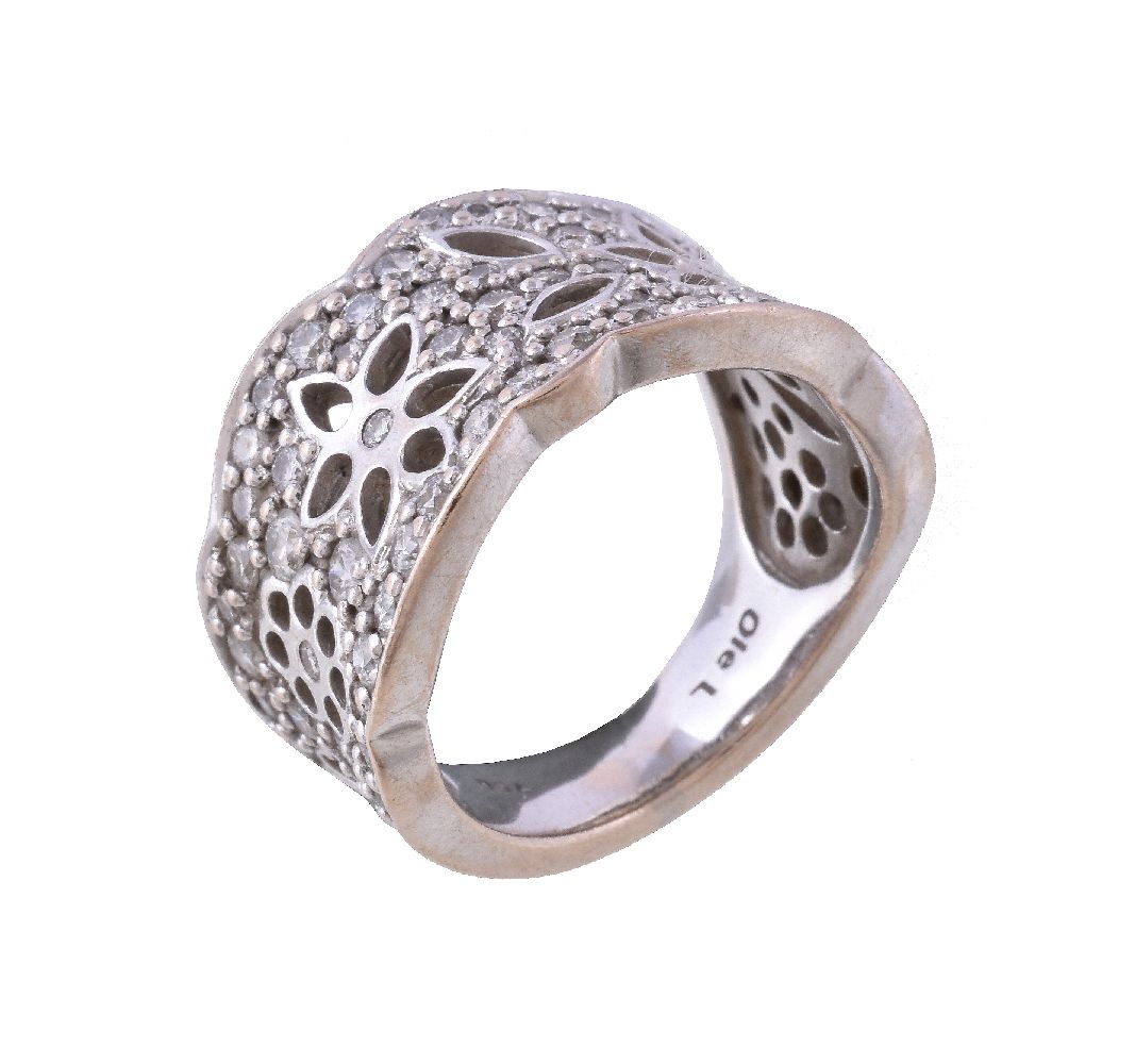 A Danish diamond Lace ring by Ole Lynggaard, the band with pierced foliate detail, pavé set with