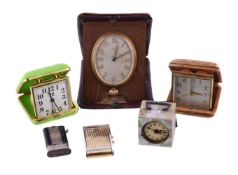 Y A German white metal and mother of pearl alarm clock, alarm movement, cream dial, Arabic numerals,