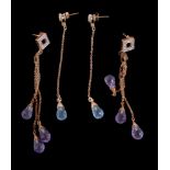 A pair of amethyst and diamond ear pendants, each set with three briolette cut amethysts,
