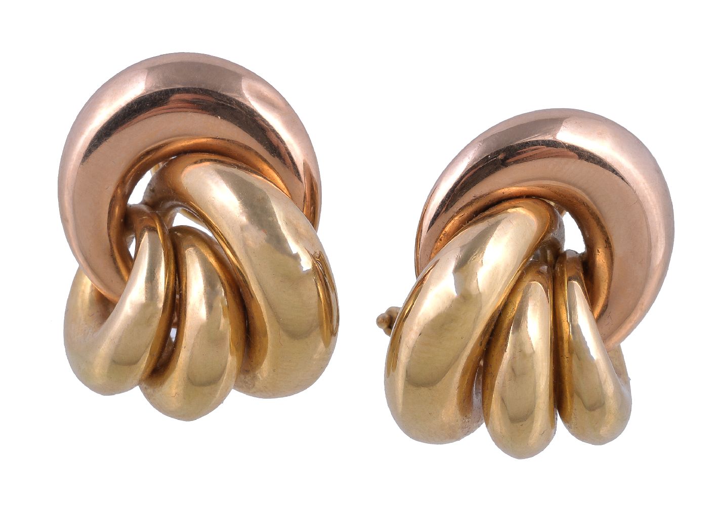 A pair of 1960s two colour earrings, the polished two colour intersecting discs to clip backs,