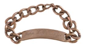A 9 carat gold curb link bracelet, the flattened curb links to a curved panel, engraved John. L.M.