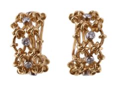 A pair of gold coloured diamond ear hoops, the woven ropetwist and polished wire settings with