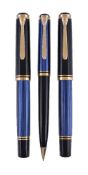 Pelikan, Souveran, a black and blue fountain pen, roller ball pen and propelling pencil, the