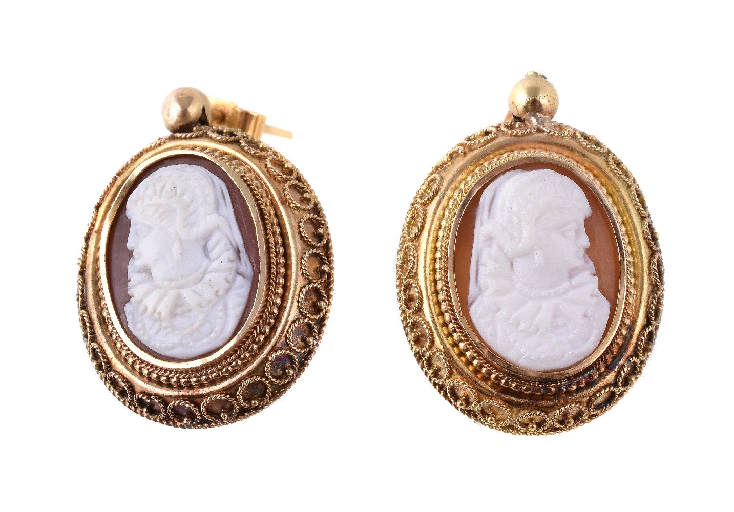 A pair of Victorian shell cameo earrings, circa 1870, the oval shell cameos each carved with the