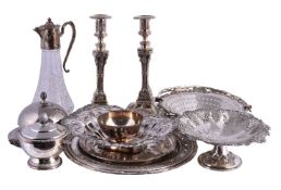 A small collection of plated wares, including: two salvers; an electro-plate mounted moulded glass