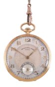 An 18 carat gold keyless wind open face slim line pocket watch, no. 10091, lever movement,