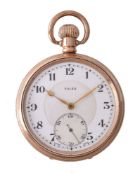 Rolex, a gold plated keyless wind open face pocket watch, no. 915951, Swiss lever movement, 15