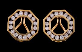 A pair of diamond earrings, the octagonal panels set with brilliant cut diamonds, approximately 2.24