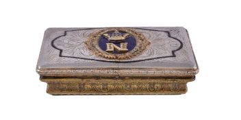 A French silver on brass table snuff box, 19th century, the cover applied with the letter N