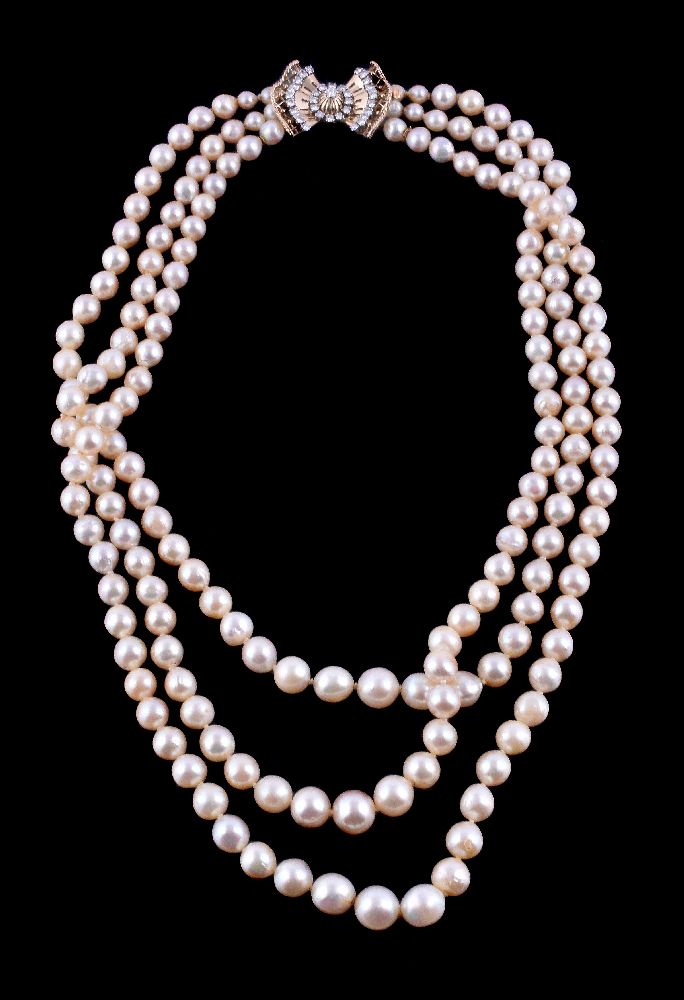 A three strand cultured pearl and diamond necklace, the three rows with graduating cultured
