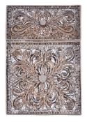 A Continental silver gilt filigree rectangular card case, partial mark, worked with a scroll