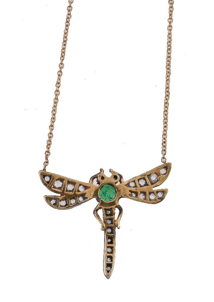 A rose cut diamond and emerald dragonfly pendant, the wings and abdomen set with rose cut - Image 2 of 2