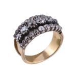 An old cut diamond ring, the graduated old mine cut diamonds in pinched collet three row settings,
