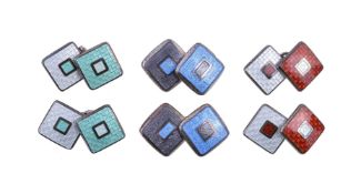 A pair of Latin Script cufflinks by Fiona Rae, the squared panels with light blue and grey enamelled