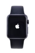 Apple, iWatch Sport, an aluminium smart wristwatch, on a black rubber strap, accompanied by an Apple