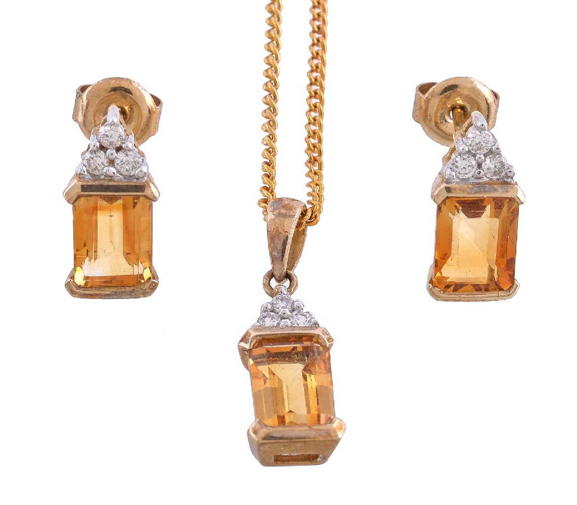 A citrine and diamond earring and pendant suite, the earrings with a trio of brilliant cut