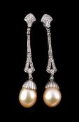 A pair of South Sea cultured pearl and diamond ear pendants, the 1.2cm South Sea cultured pearls set