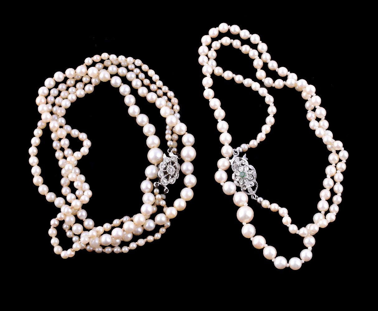 A two strand cultured pearl necklace, the graduated cultured pearls measuring 2.5mm to 6.9mm