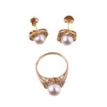 A pair of cultured pearl and diamond earrings and dress ring, the earrings each centred with a