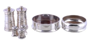 A small collection of silver, comprising: two bottle coasters with wooden bases, by P. H. Vogel &