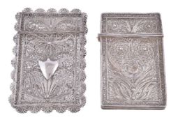 Two Portuguese silver filigree rectangular card cases, unmarked, with feathered scrolls, the