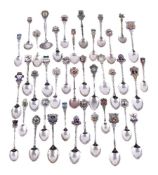 Nineteen silver and enamel souvenir spoons; thirteen silver coloured similar; and eight electro-